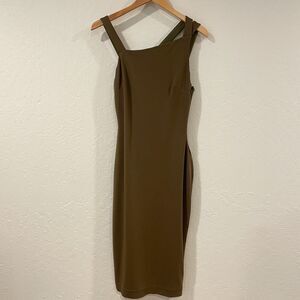 ~ Lauren Ralph Lauren 8 Cocktail Dress LRL Lined Midi Stretch Olive Asymmetrical